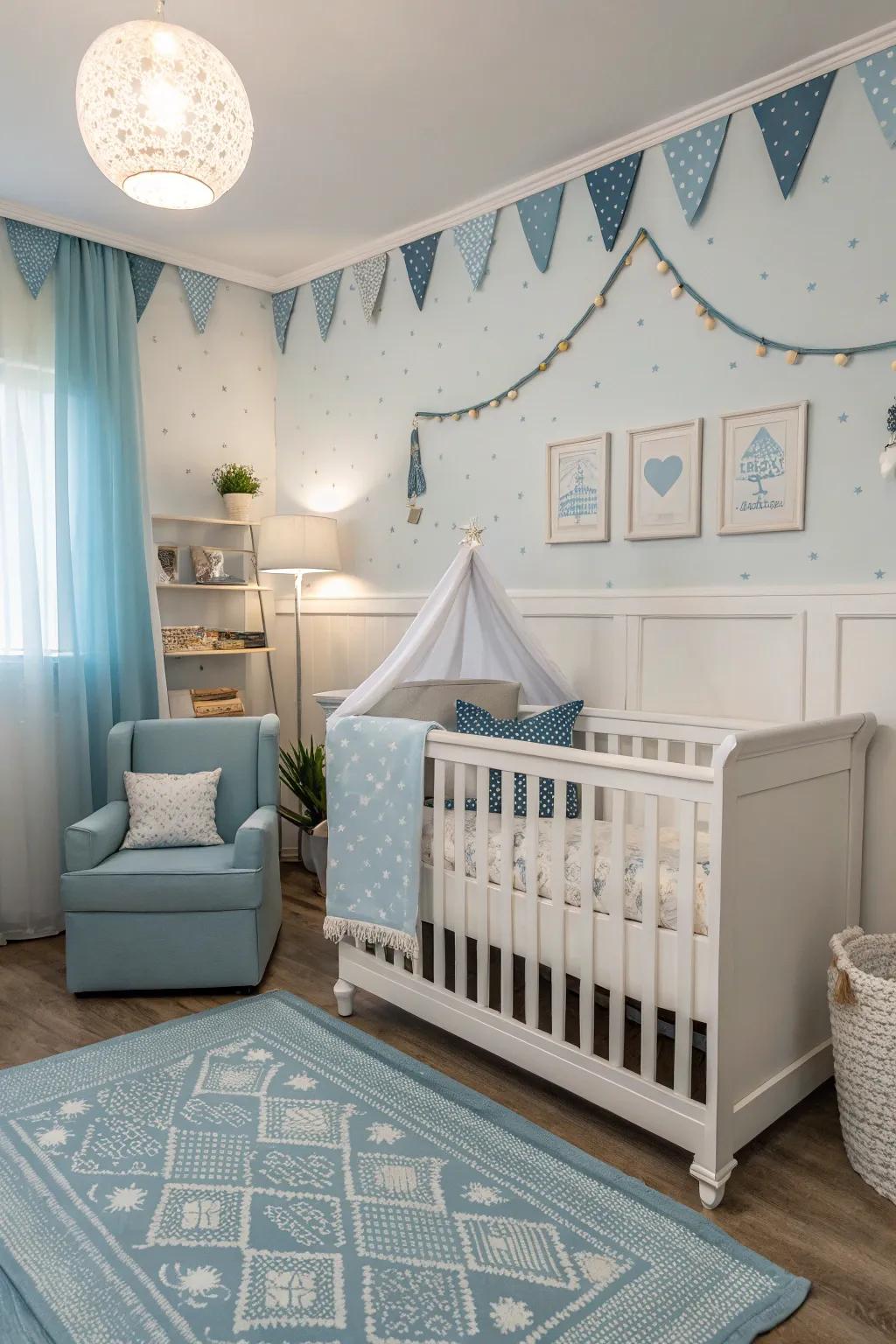 A tranquil nursery painted in delicate blue and white, ensuring a soothing and calm atmosphere.