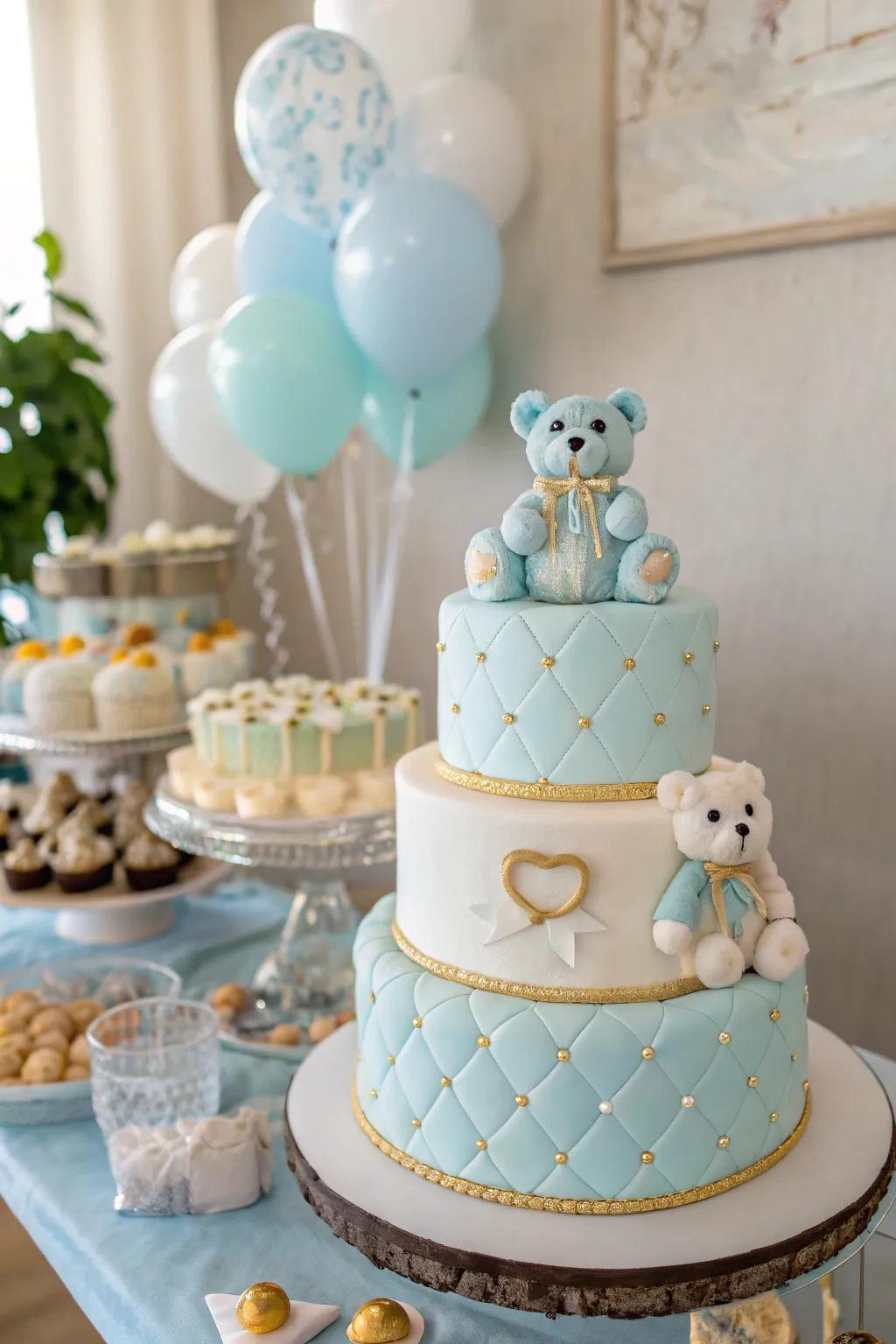 A baby shower cake adorned with charming teddy bears.