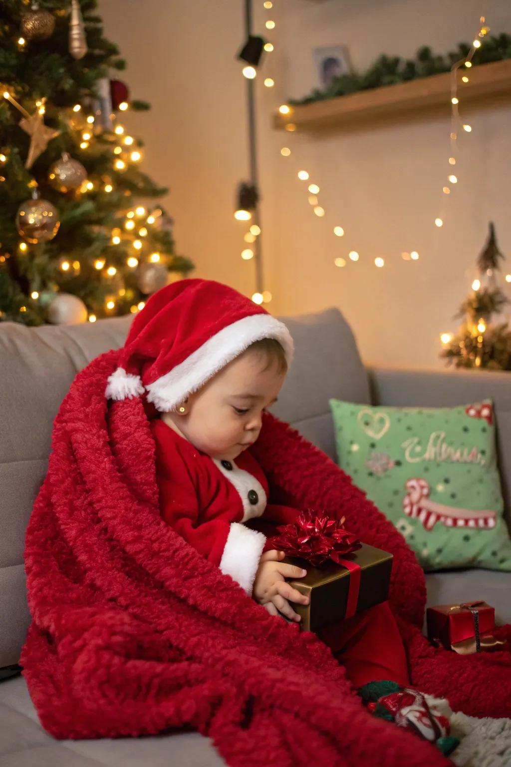 A lovable baby Santa encircled by cheerful adornments.