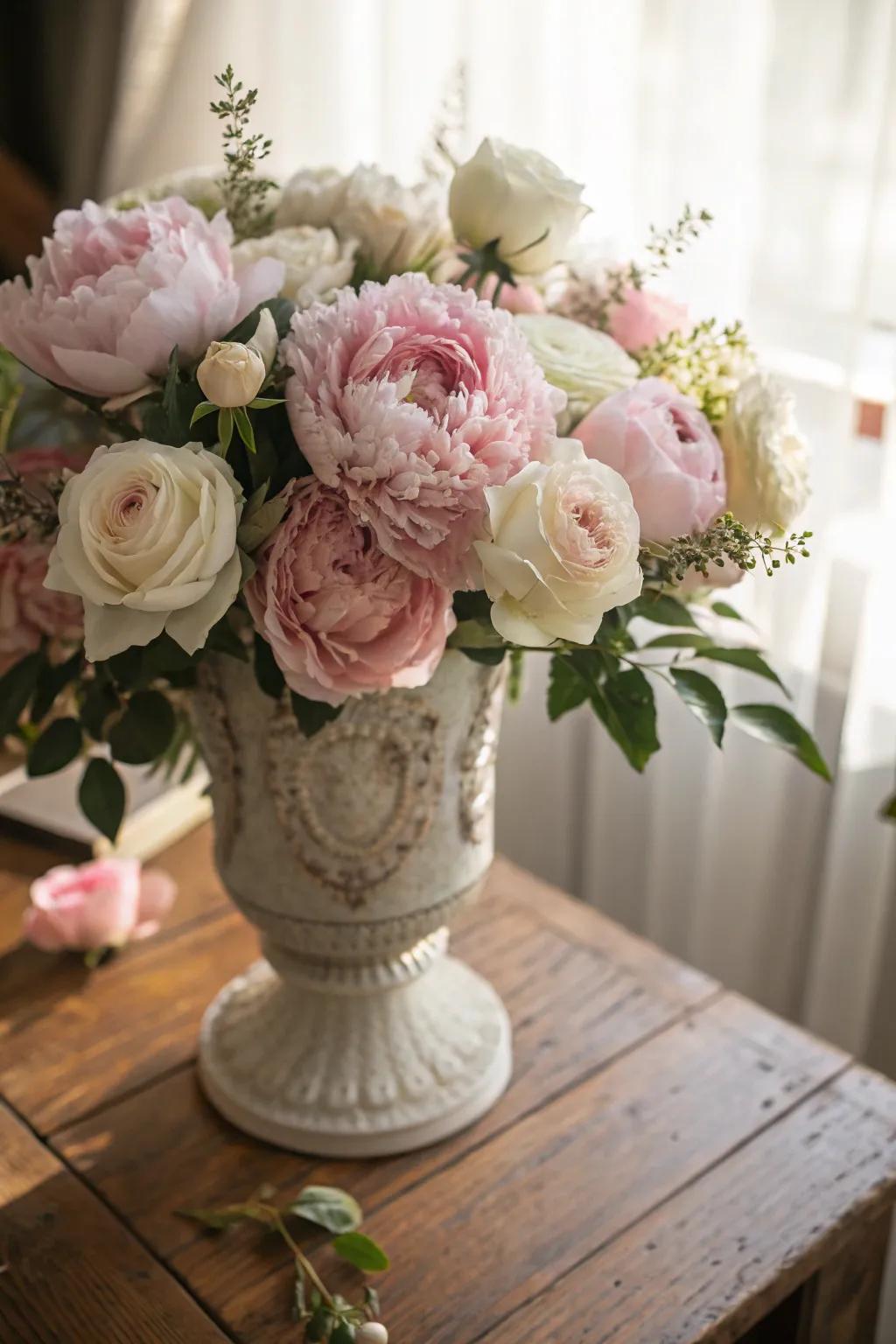 A dreamy floral centerpiece with mimosa blooms and blossom sprigs.