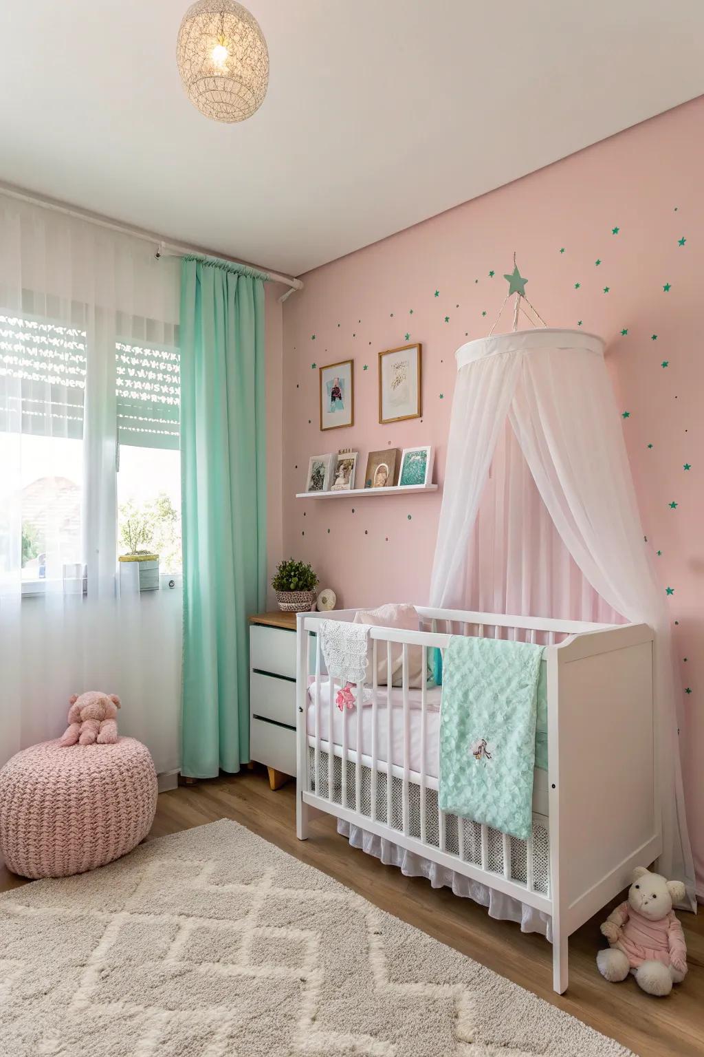A calming pastel-infused bedroom, ideal for a baby girl.