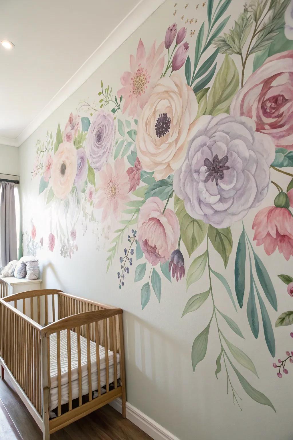 A nursery wall decorated with an impressive blossom mural.
