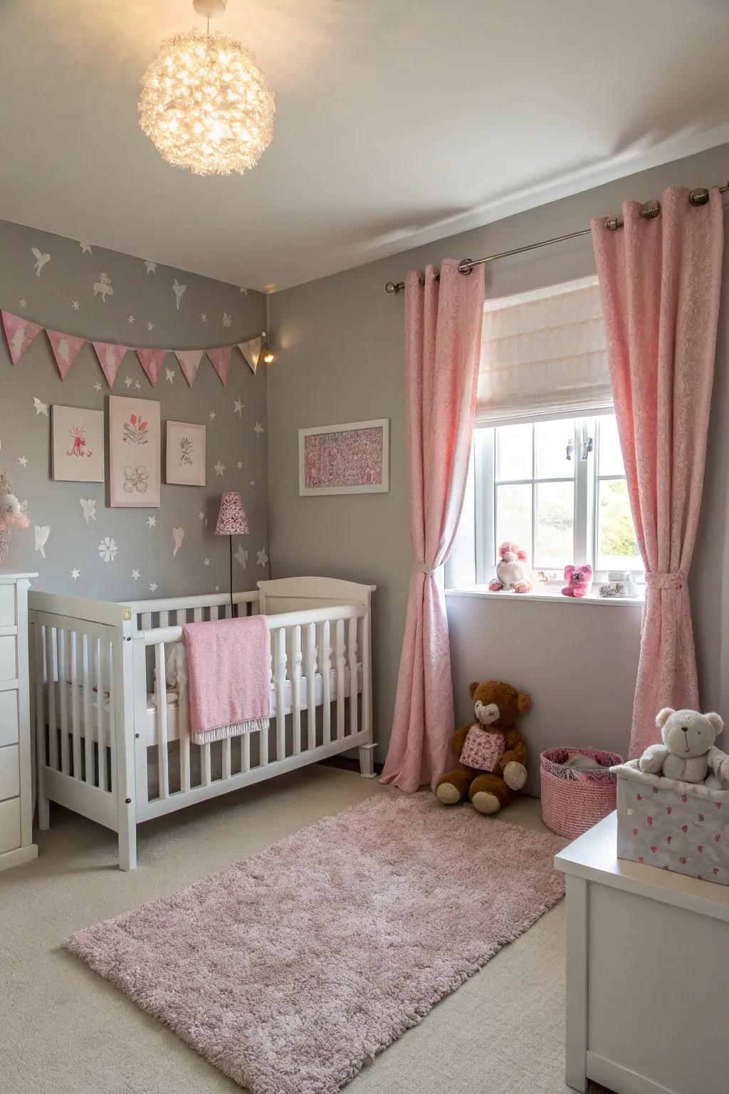 Serenity in grey with pink highlights in a baby girl's nursery.
