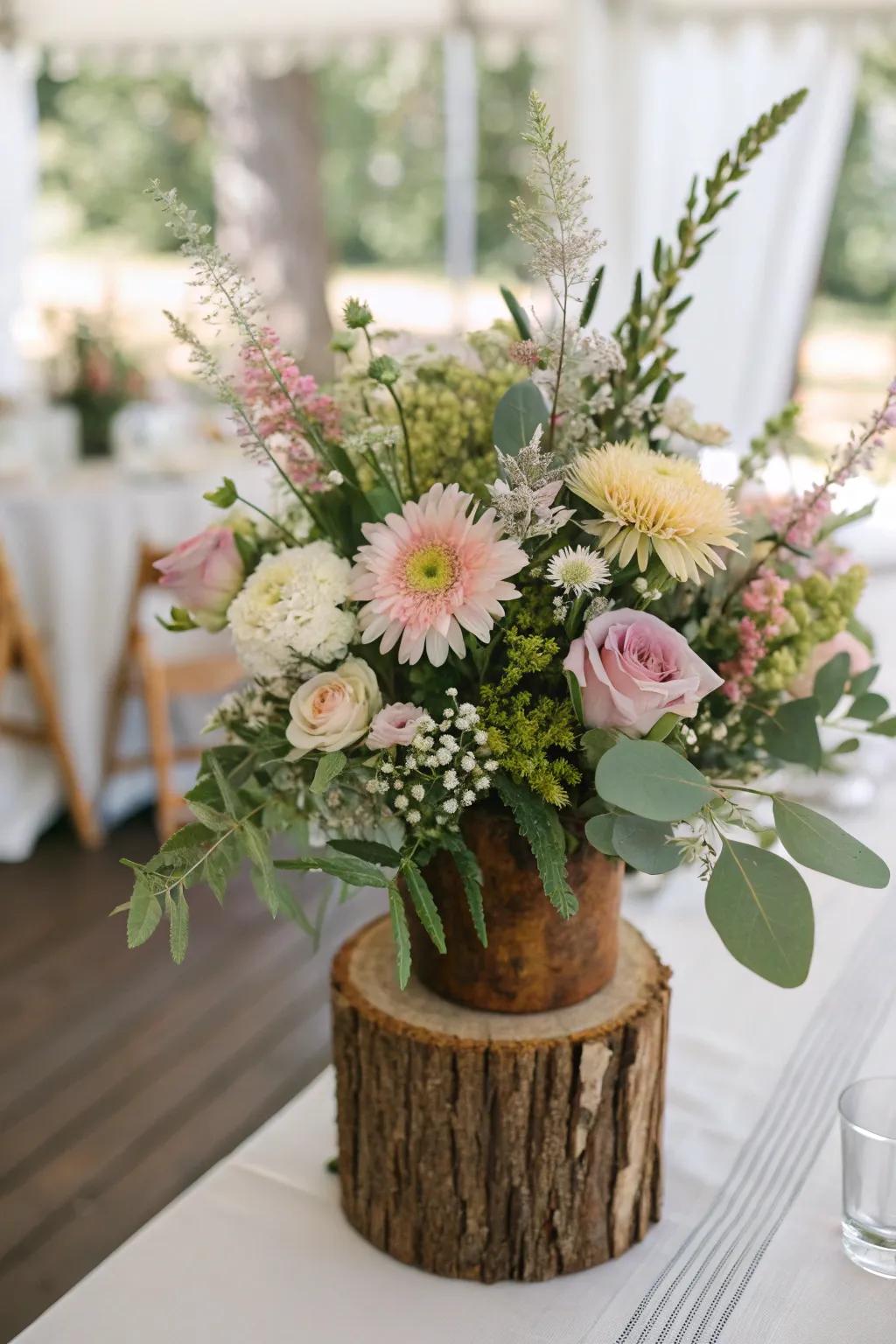 A wildflower-themed centerpiece for a spring baby shower
