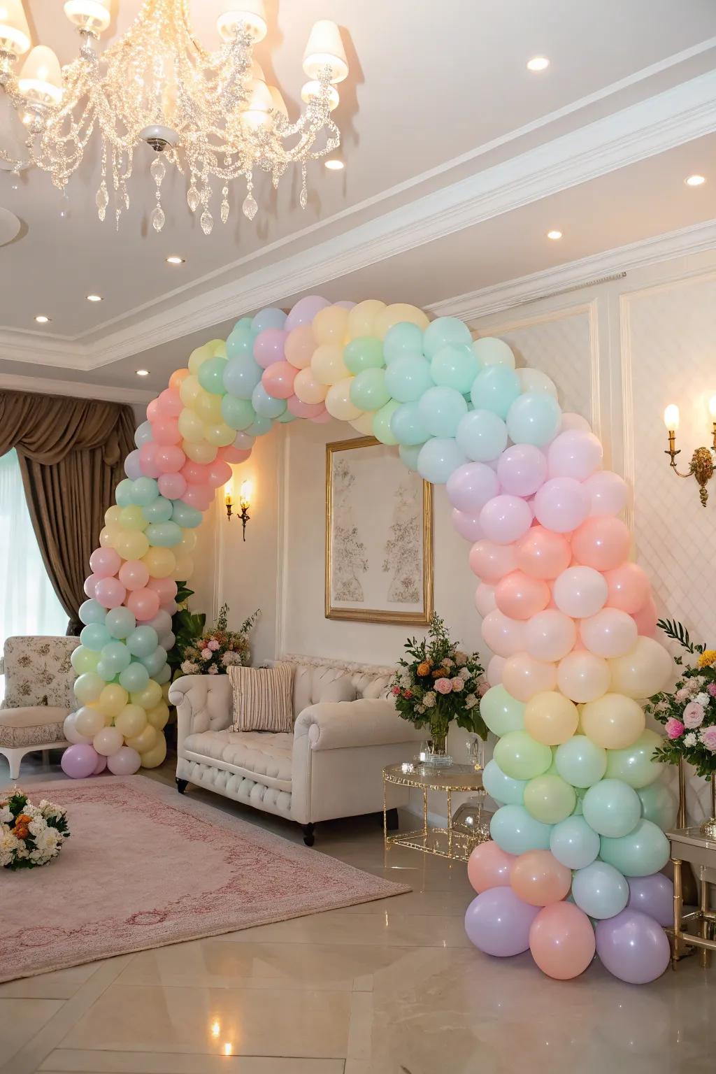A lively balloon arch in soft pastel shades sets a welcoming scene.