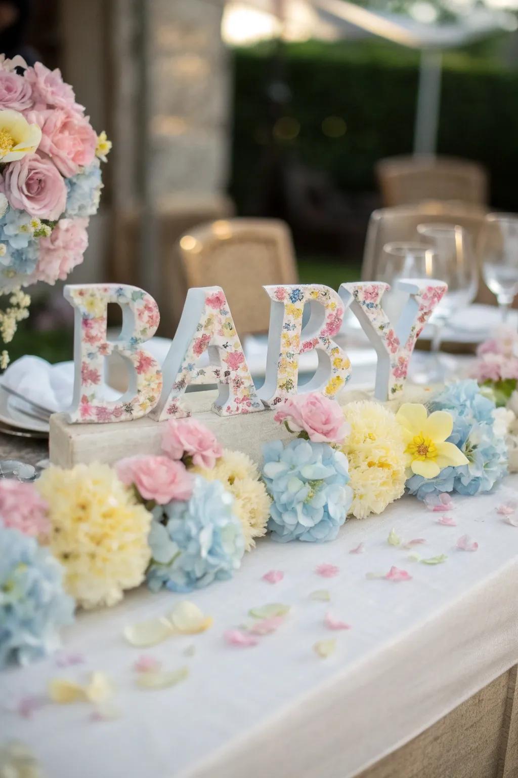 Botanical letters beautifully spell out 'BABY', infusing a touch of fantasy.