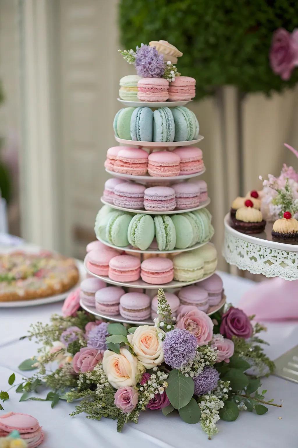 A pastel sweet stack serves as a captivating centerpiece on a dessert table.