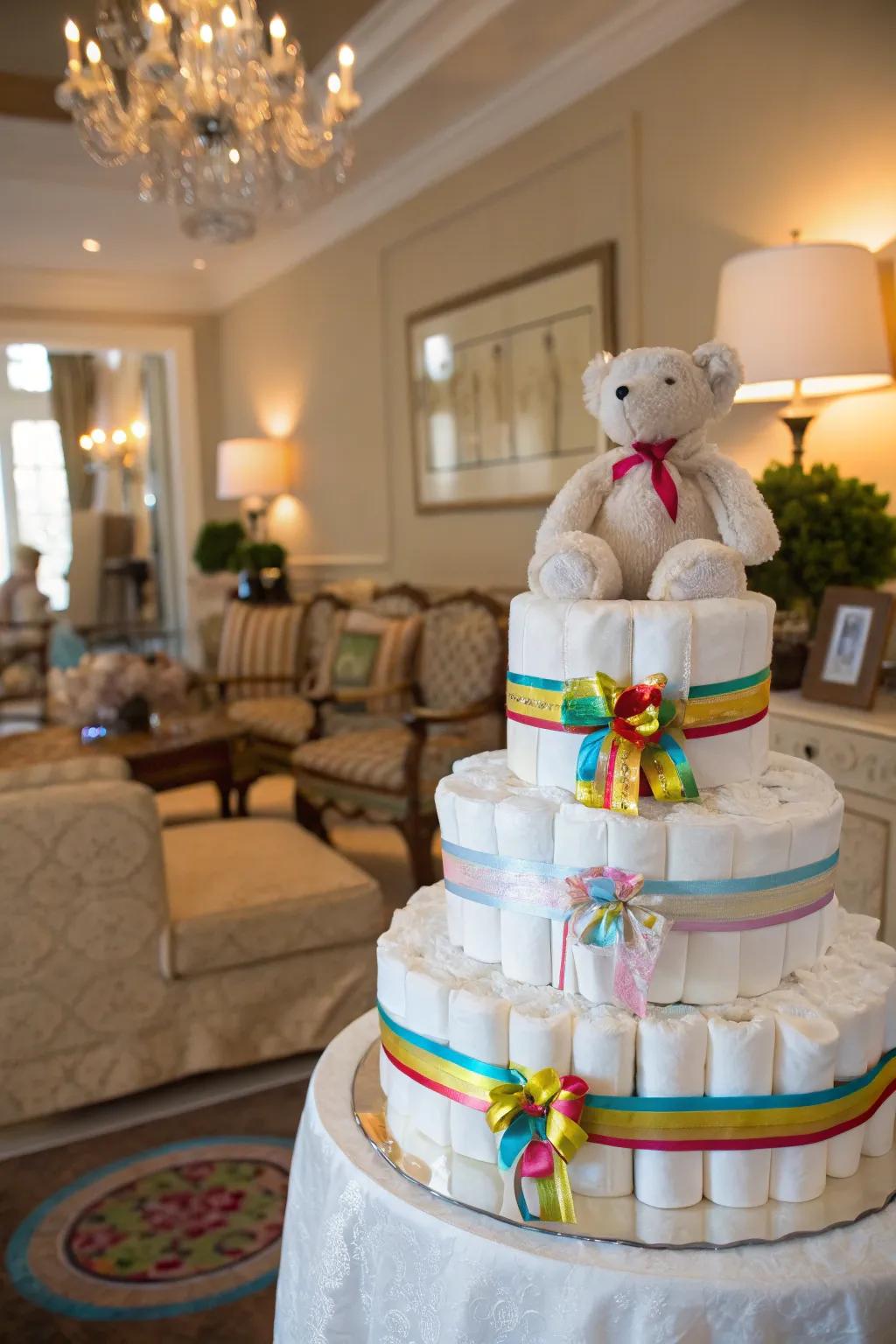 A classic diaper tower ornamented with colorful ribbons and a plush toy.