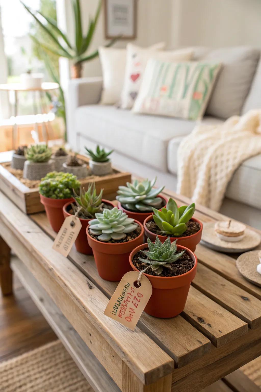 Charming miniature succulents paired with personalized markers create an enduring impression.
