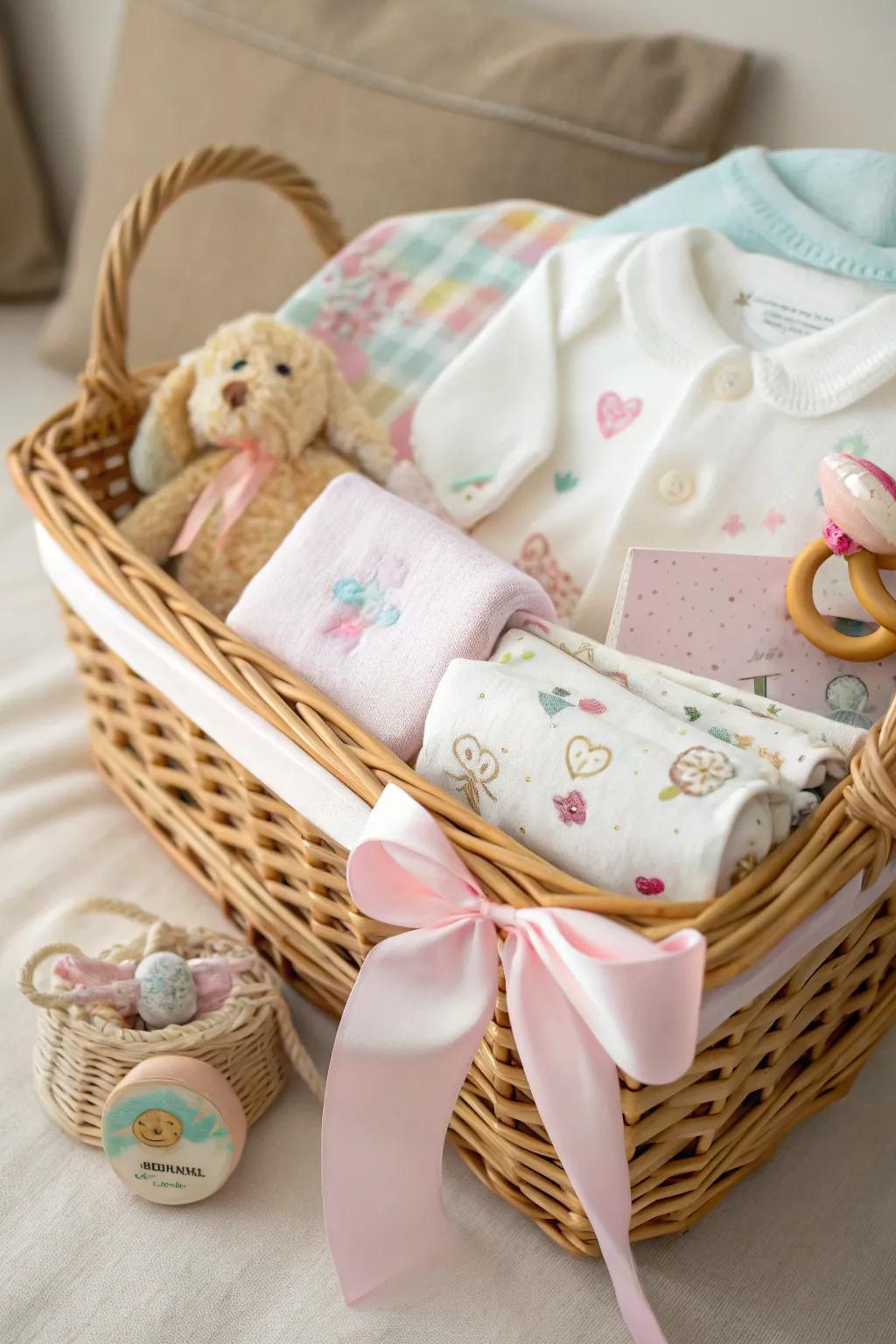 A themed basket filled with baby essentials, perfect for a cohesive gift presentation.
