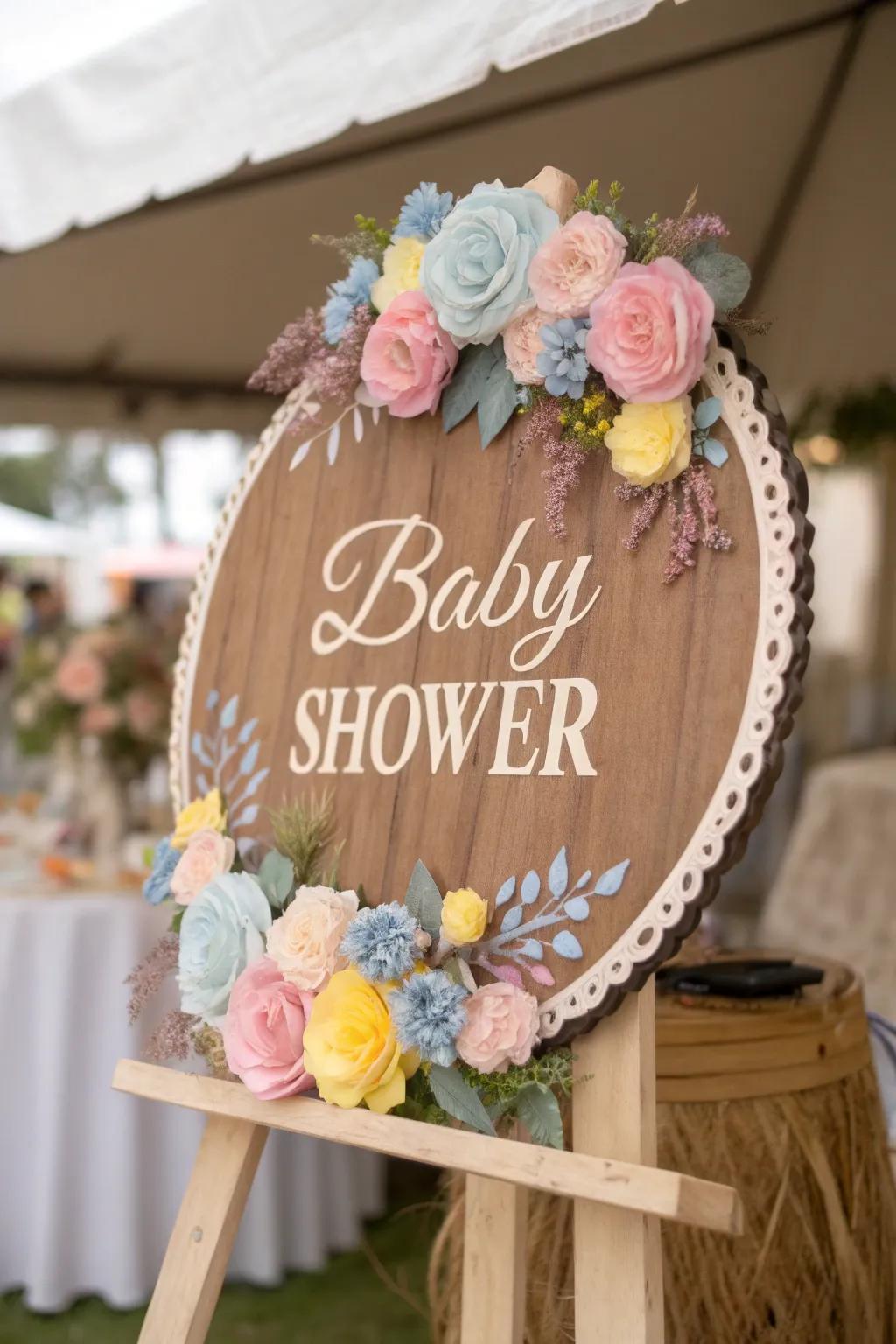 A personalized name sign adds a heartfelt touch to your baby shower decor.