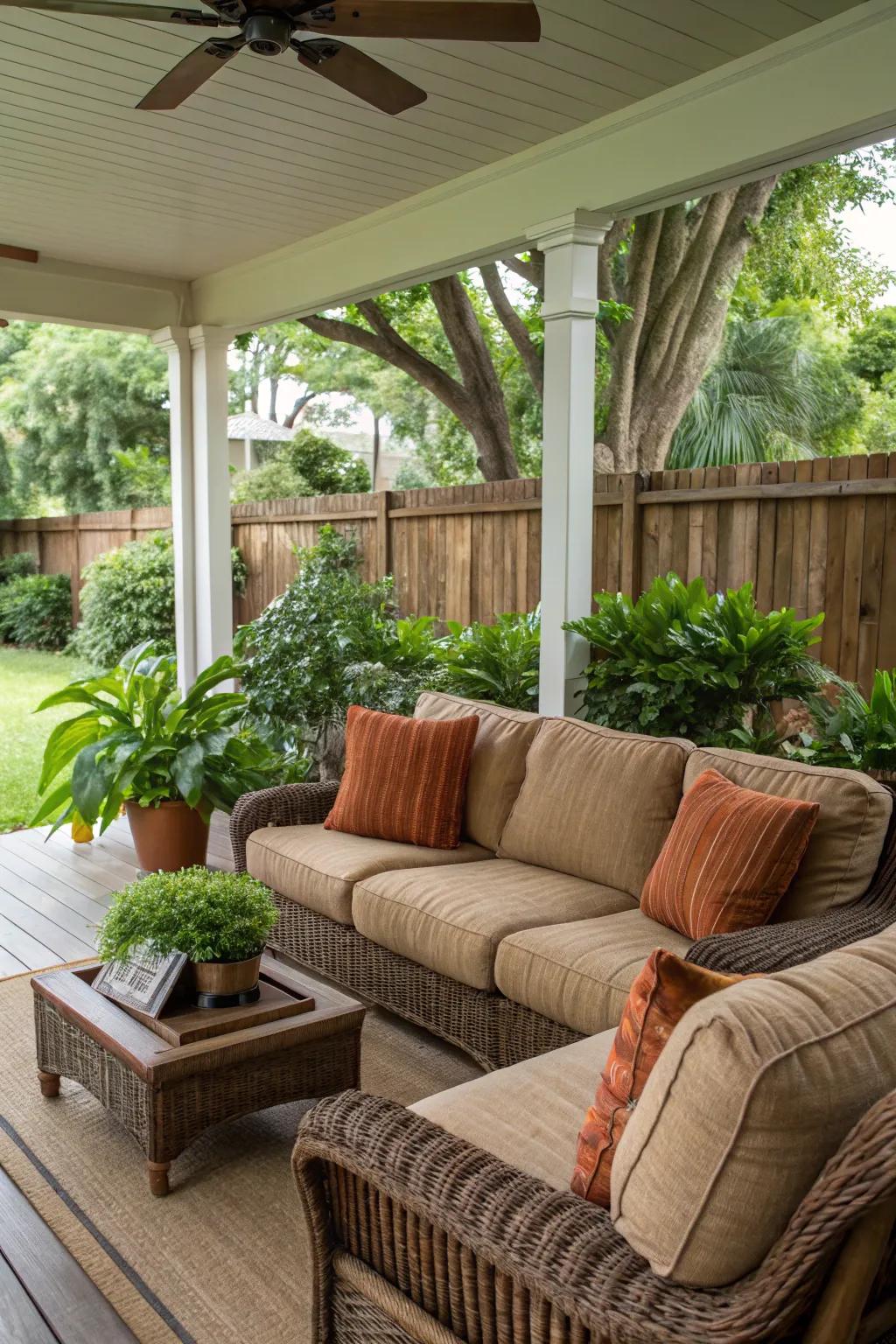 Immerse yourself in comfort with luxurious seating gracing your back porch.