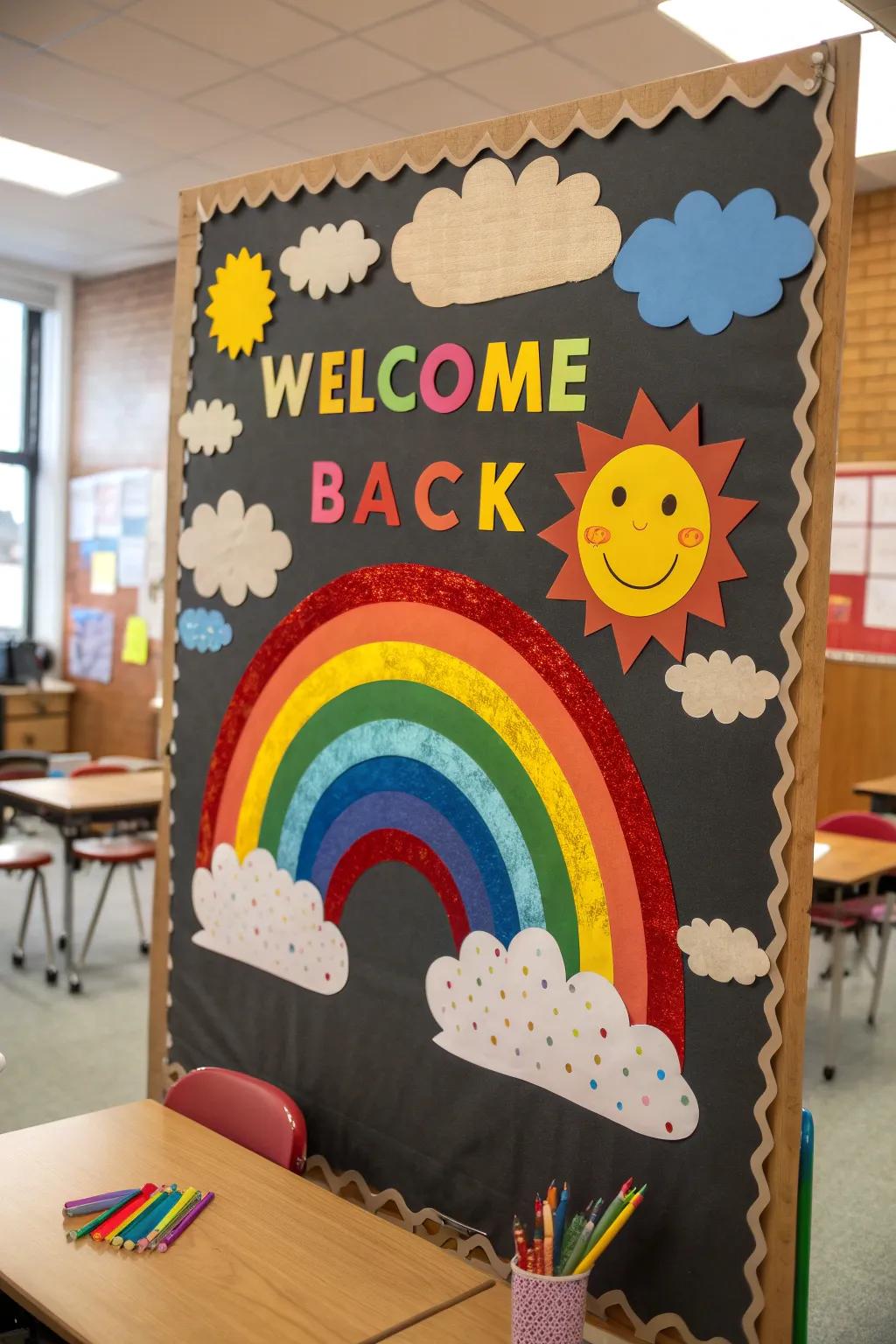 A vibrant rainbow-themed bulletin board is the perfect way to brighten up any classroom.