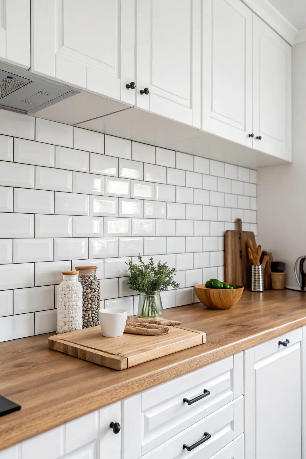 Classic charm with ivory brick wall coverings and a wooden worktop.