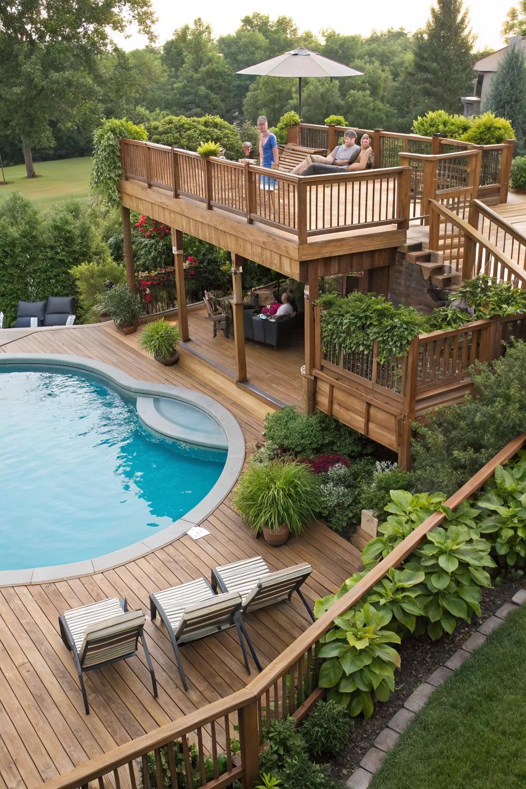 Multi-level decks offer designated spots for leisure and socializing.