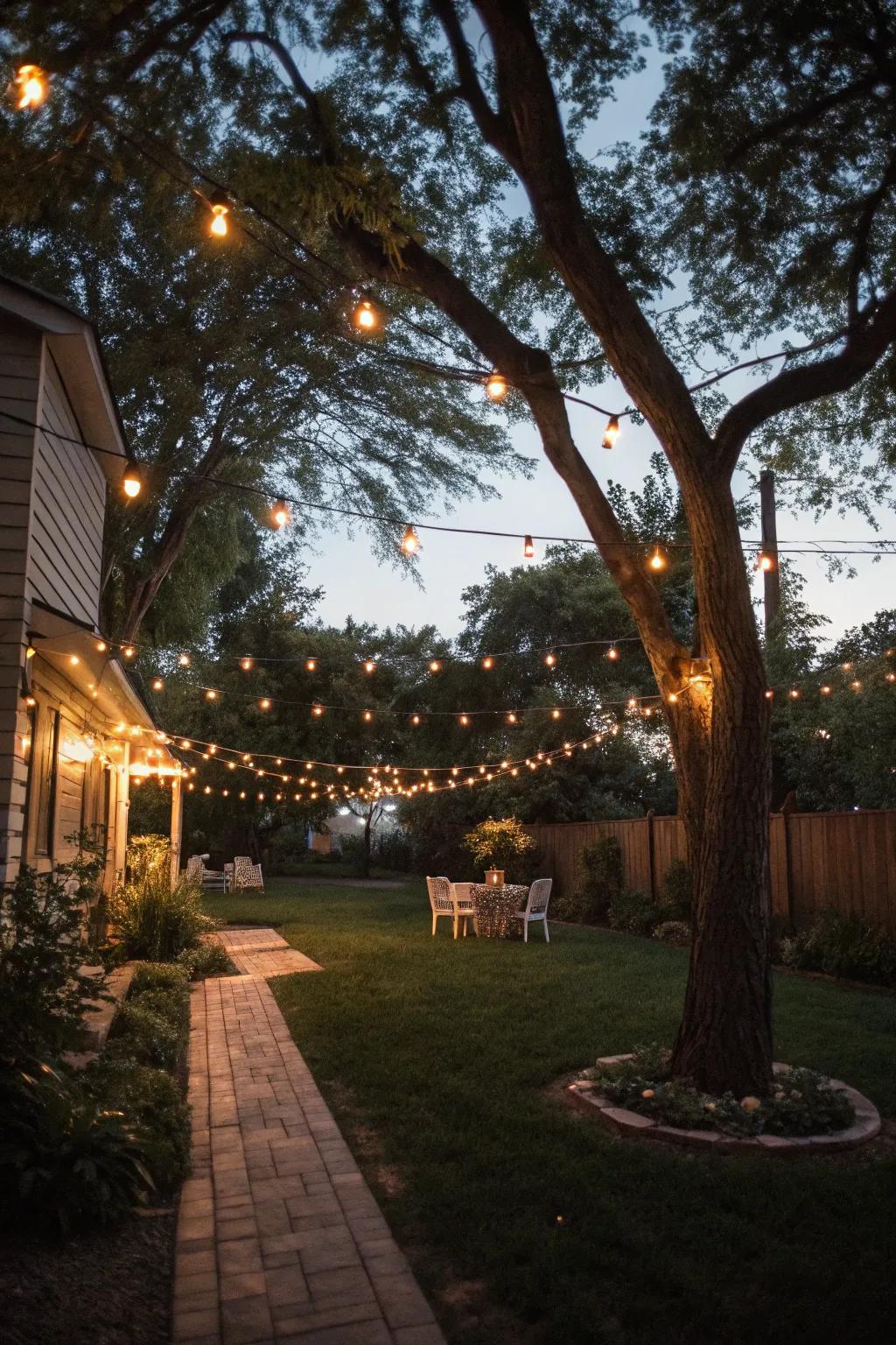 Illuminated strands cast a magical glow over backyard evening gatherings.