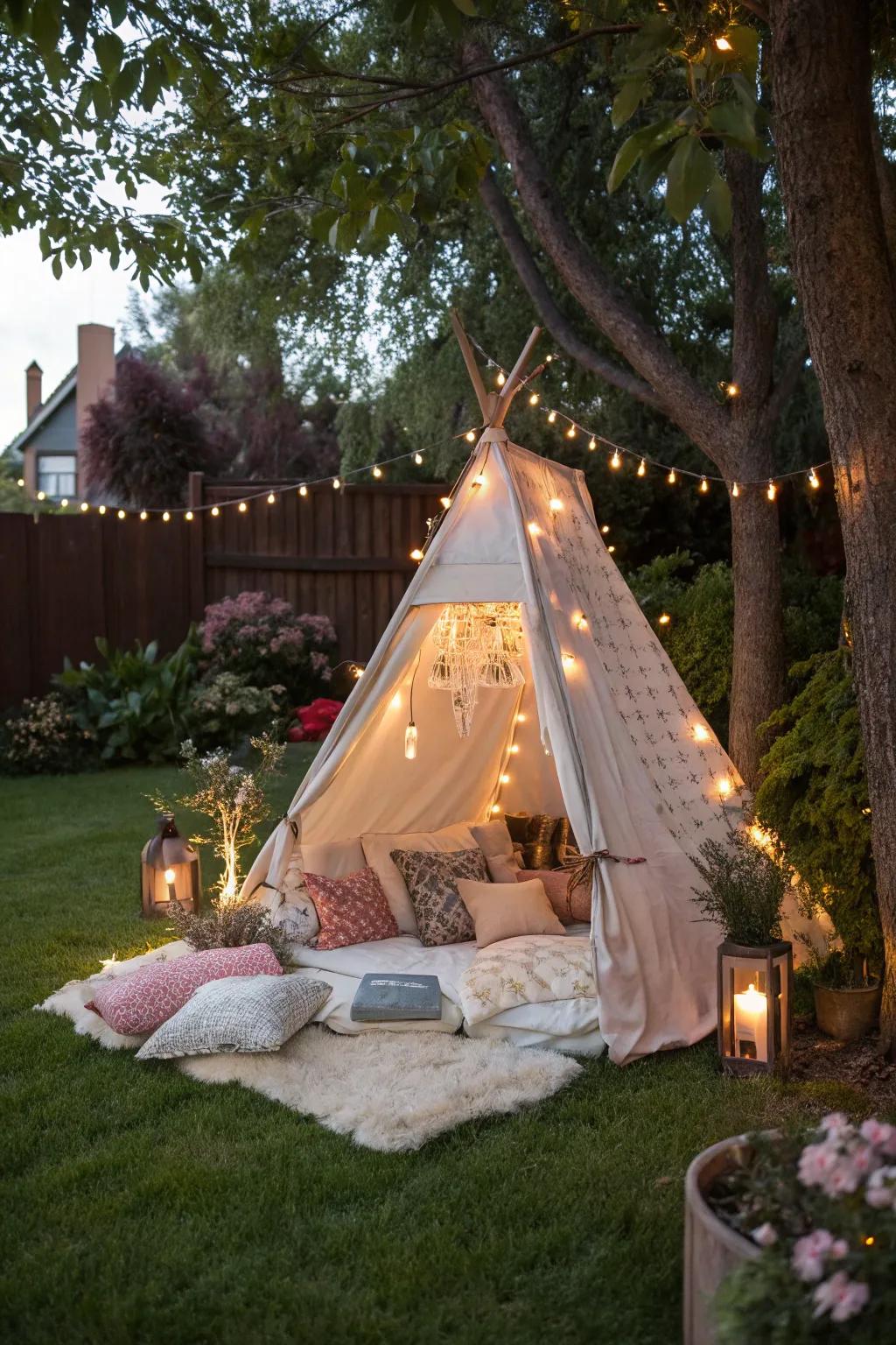 A warm tent with shining lights creates a captivating camping atmosphere.