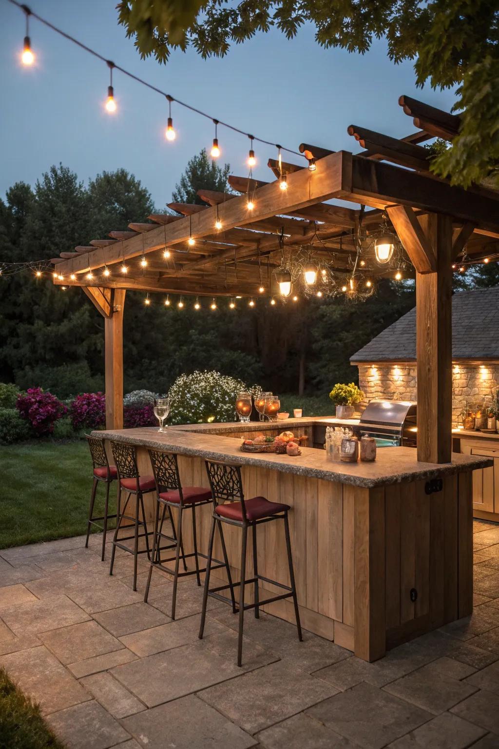 A rustic arbor conjures a bewitching backdrop for an outdoor culinary space.