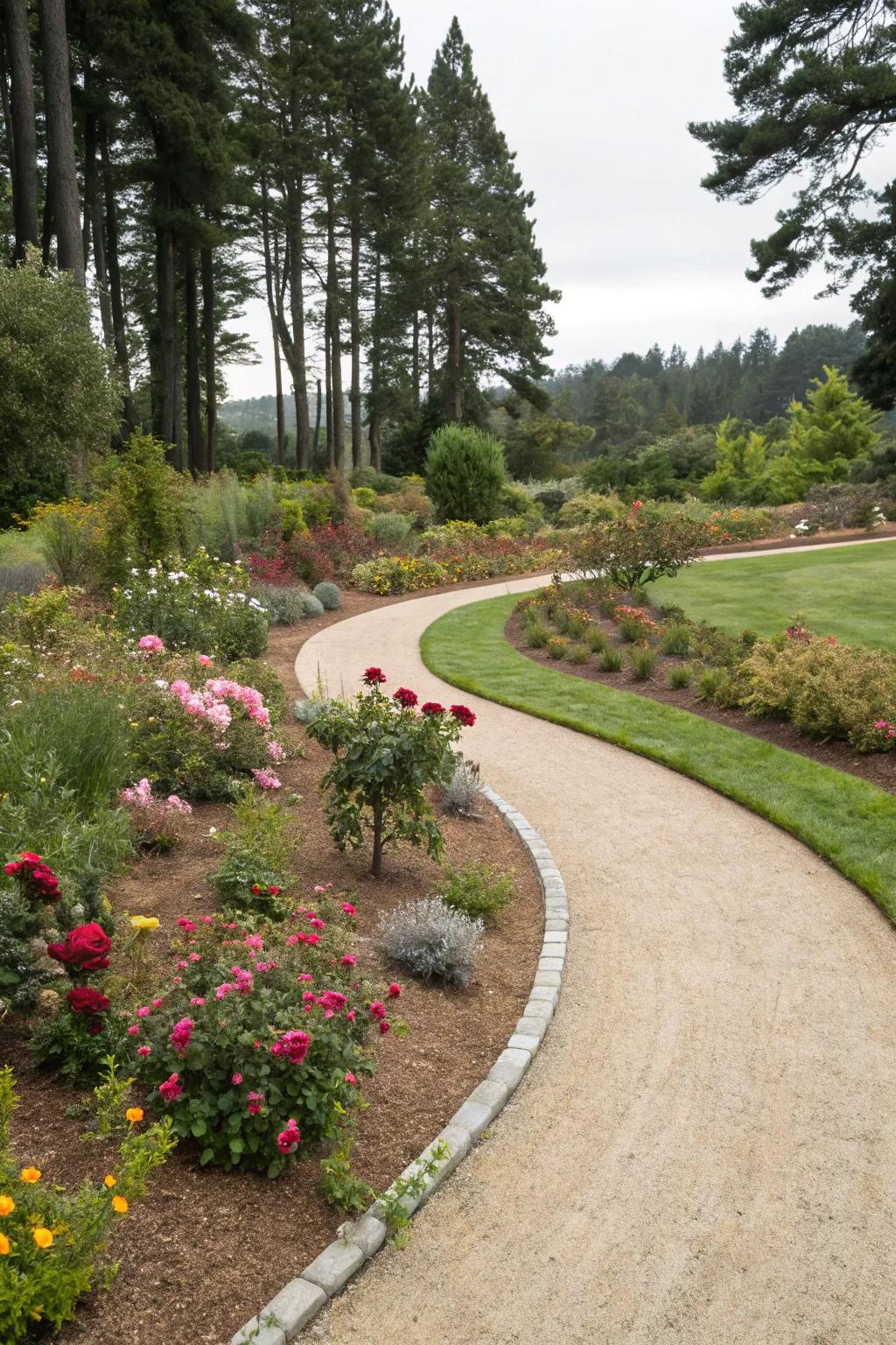 A path of finely crushed rock meanders through a flourishing garden, providing a peaceful retreat.