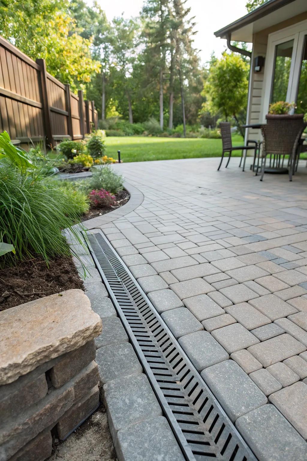 A streamlined trench channel effortlessly incorporated into an outdoor terrace.