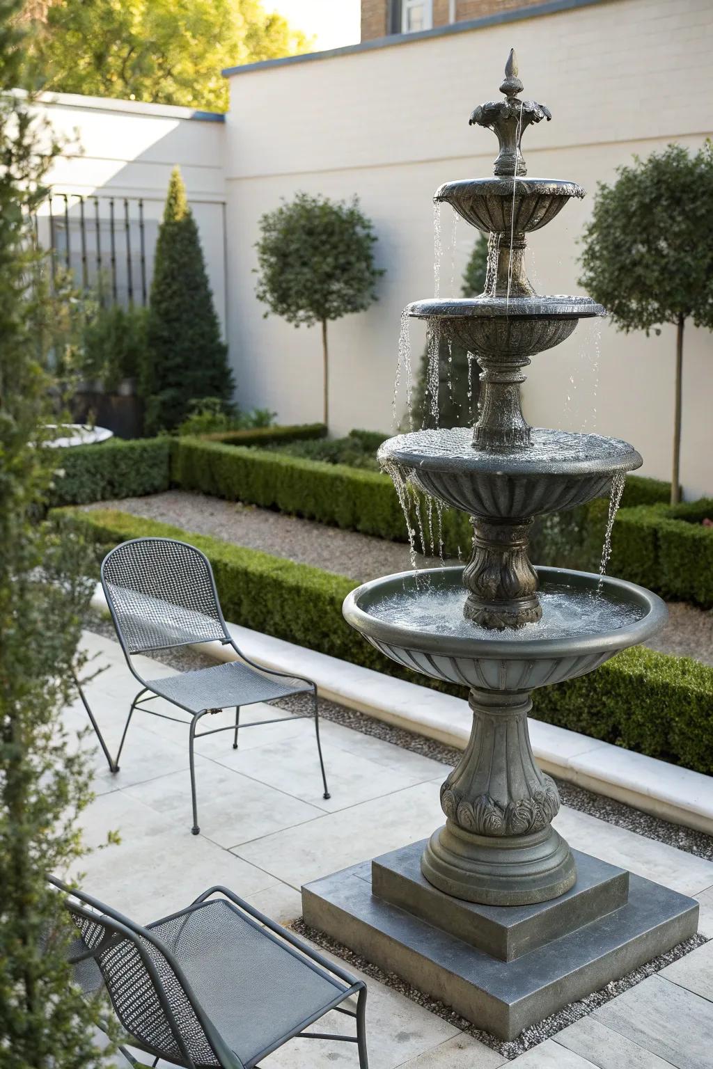 A minimalist metal fountain introduces a hint of contemporary sophistication to any backyard.