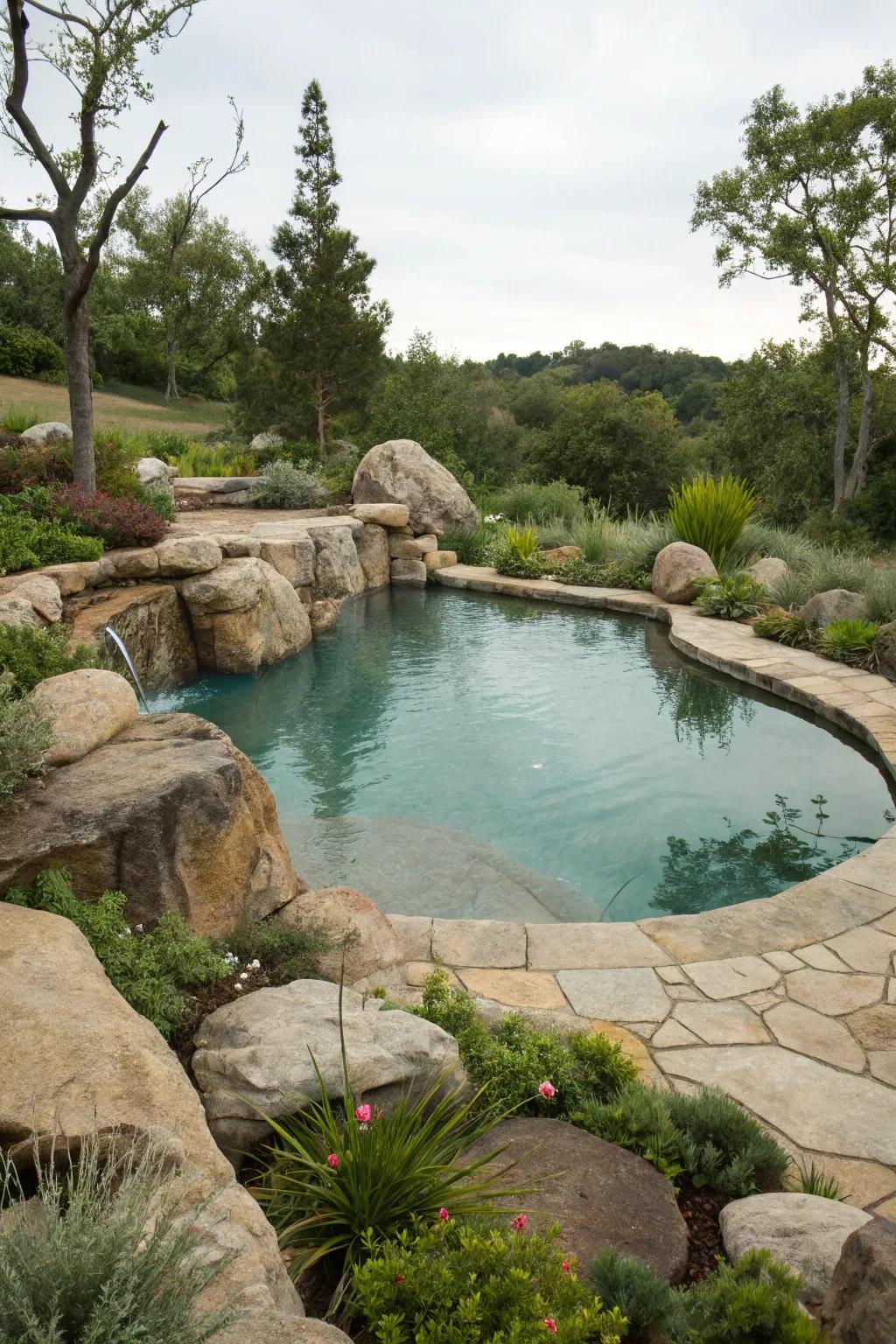 A free-form pool blends effortlessly into the natural landscape.