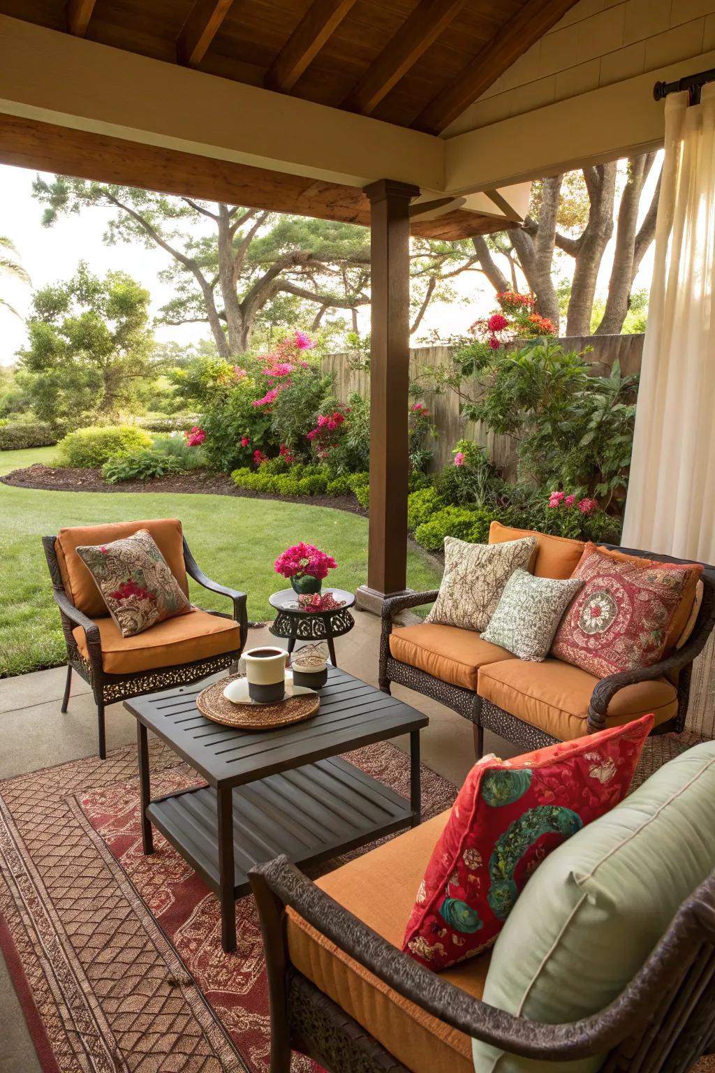 An intimate nook seating area in a backyard outdoor space with vibrant cushions.