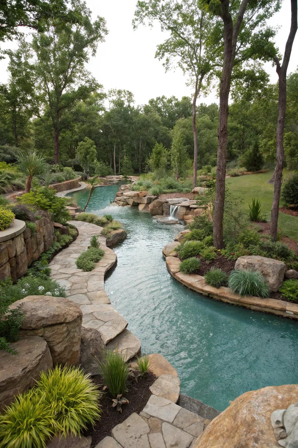 A meandering pool smoothly merged with its natural setting.