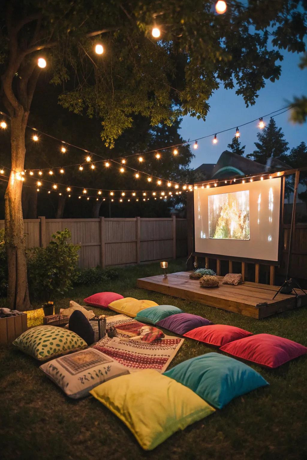 Vivid ground cushions provide a welcoming, relaxed seating choice for your outdoor film fest.