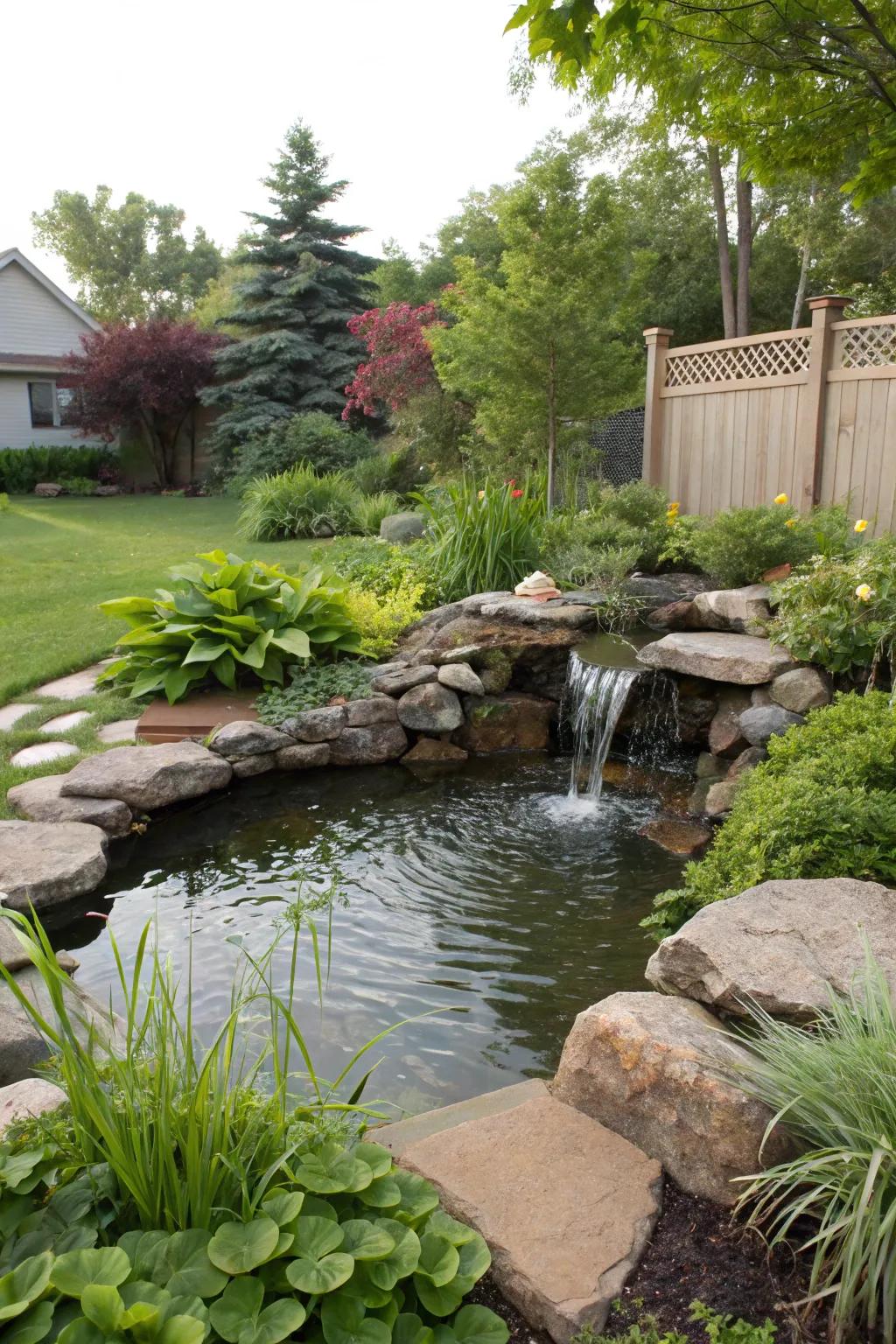 A backyard pond featuring a cascading water installation, creating a tranquil getaway.