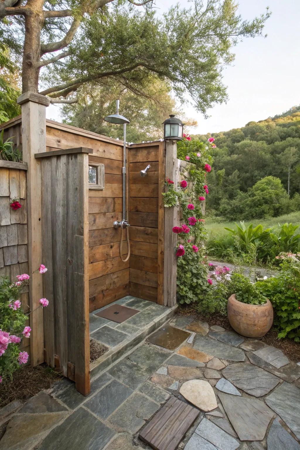 A rustic outdoor shower featuring salvaged wood walls and a stone floor.