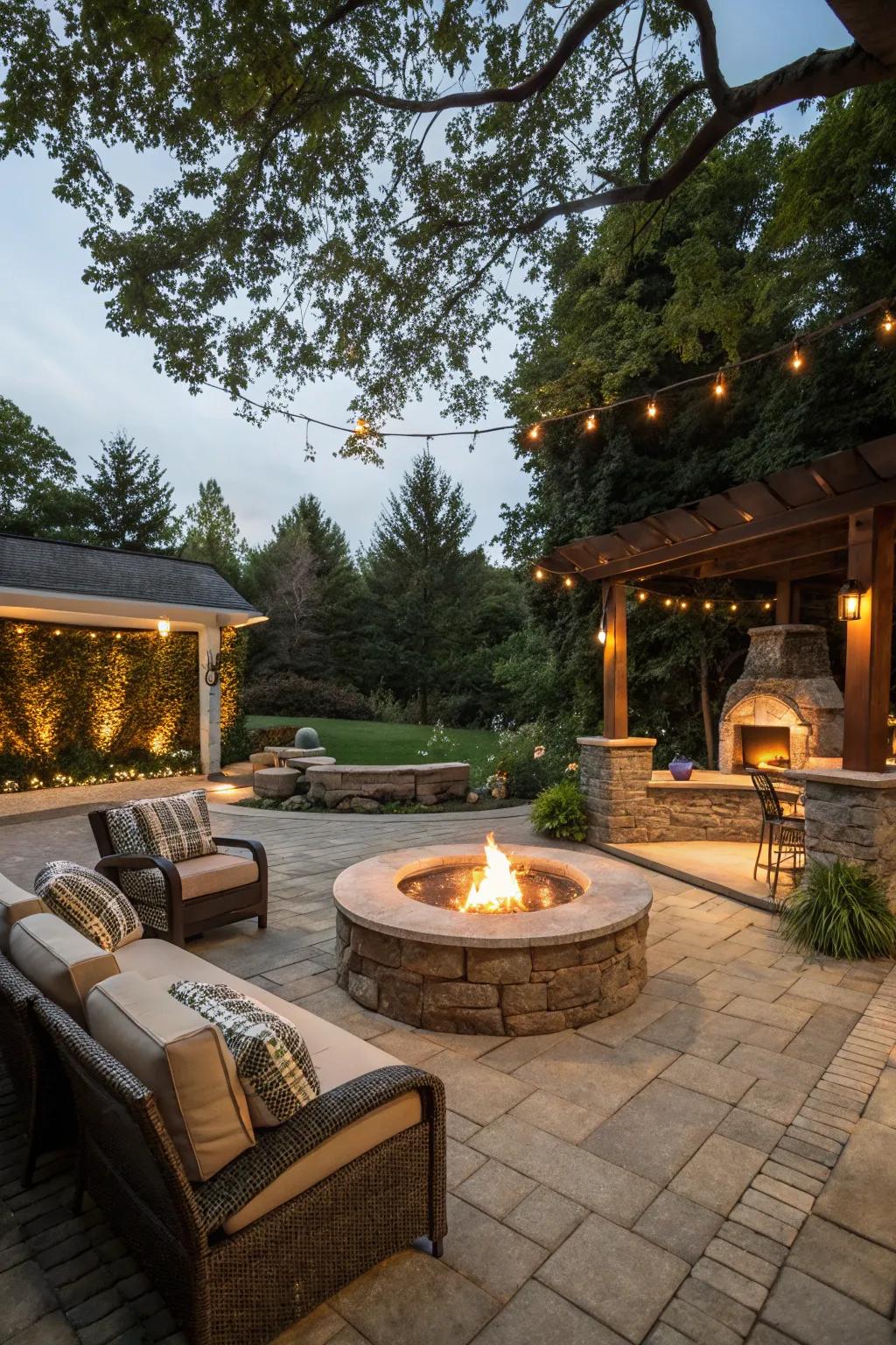 Forge a snug gathering spot with an inviting fire pit escape.