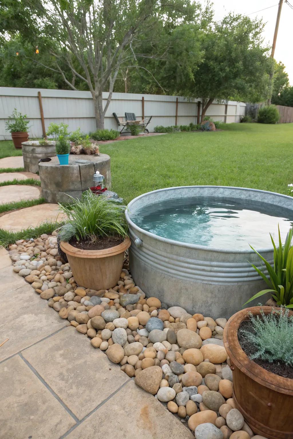 A water trough pool perfectly integrated into a welcoming backyard environment.