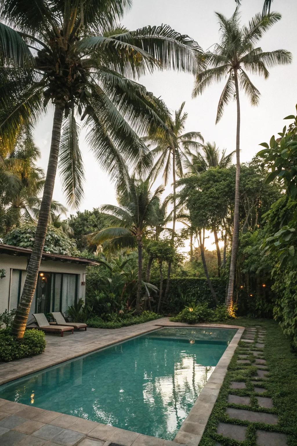 Lofty palms conjure a tropical vibe around this welcoming pool.