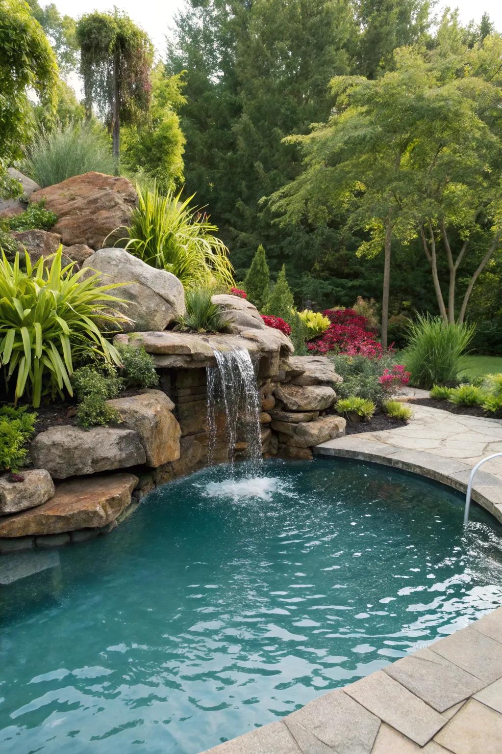 A nature-inspired rock cascade introduces an organic element to your backyard pool setting.