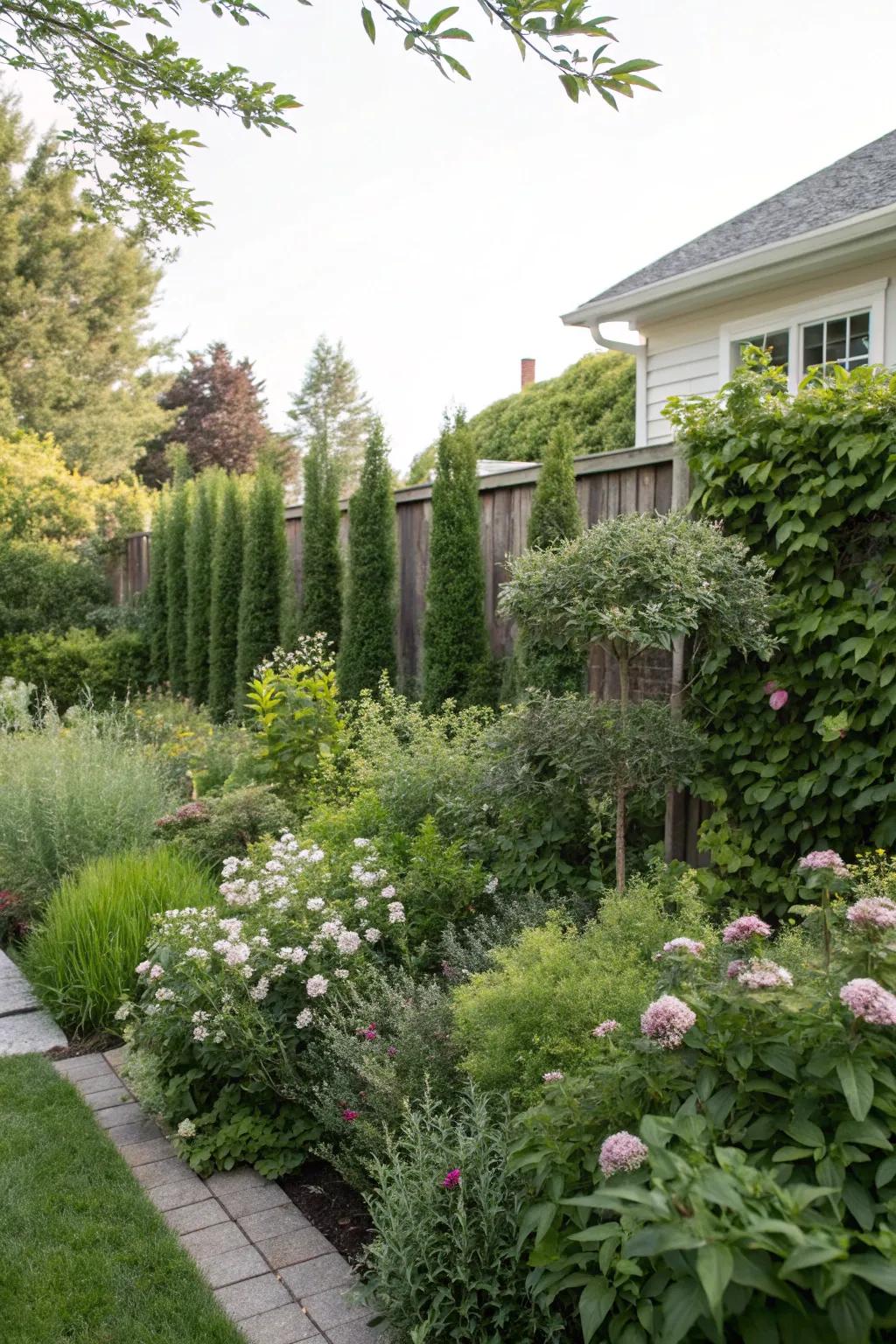 Lush, layered plants providing a vibrant screen of natural privacy.