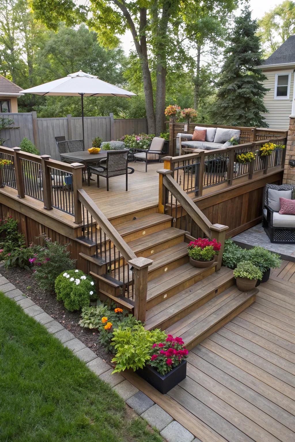 A tiered deck introduces depth and individual flair to any petite backyard.