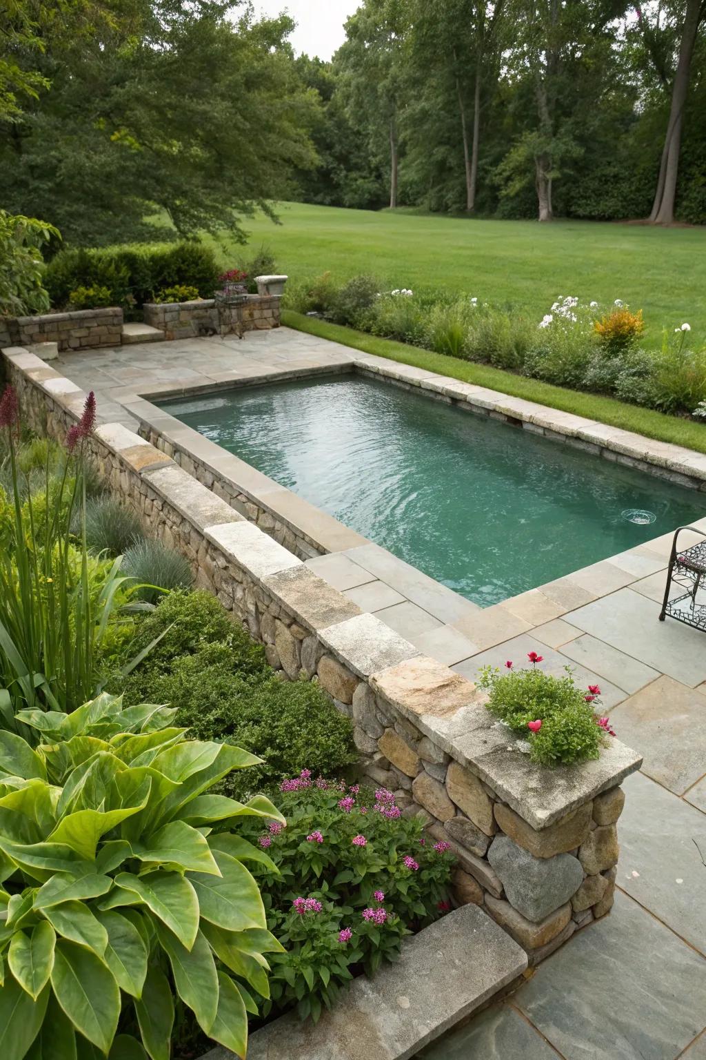 A stone-encased pool adds rustic elegance to your backyard.