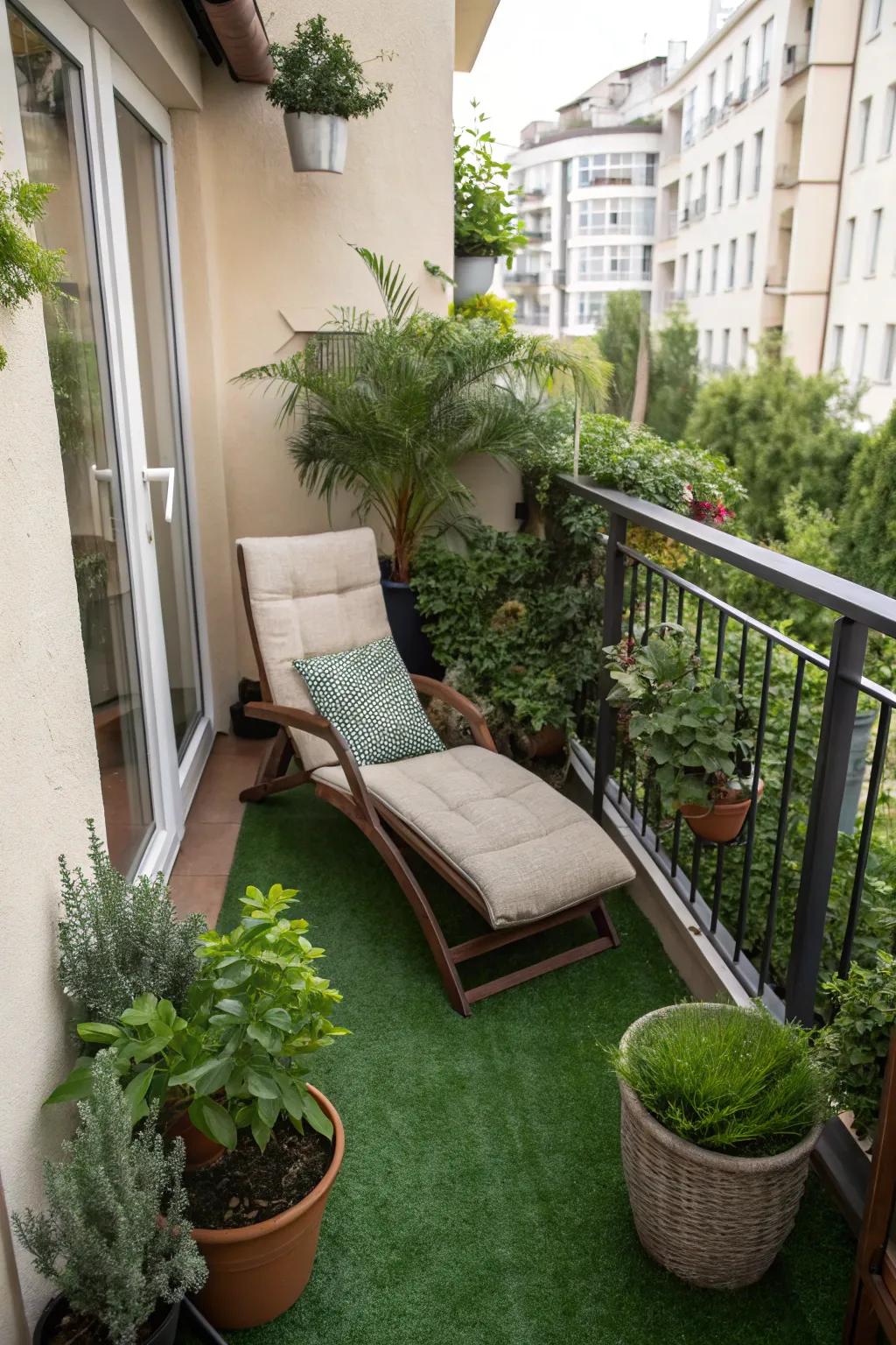 Soft and welcoming, simulated turf infuses natural charm into your balcony without the burden of maintenance.
