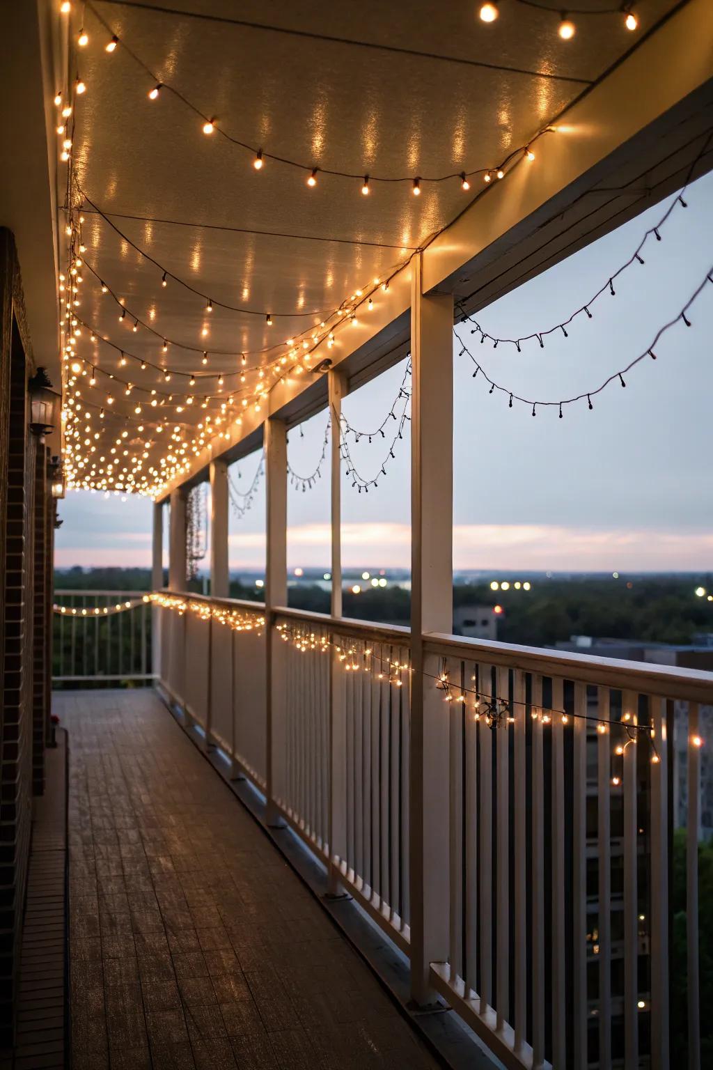 Twinkle lights bring a cozy and delightful atmosphere to any balcony setting.