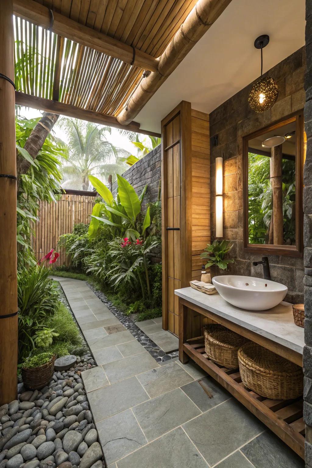 Natural materials such as bamboo and stone cultivate a grounded, tranquil ambiance.