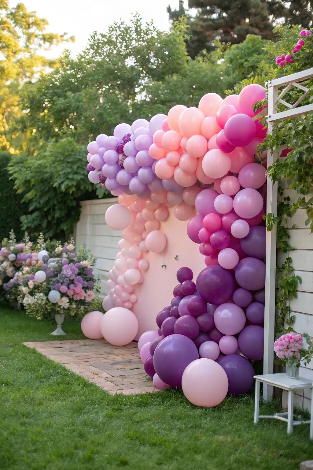A stunning gradient ombre balloon wall that transforms any space into a vibrant setting.