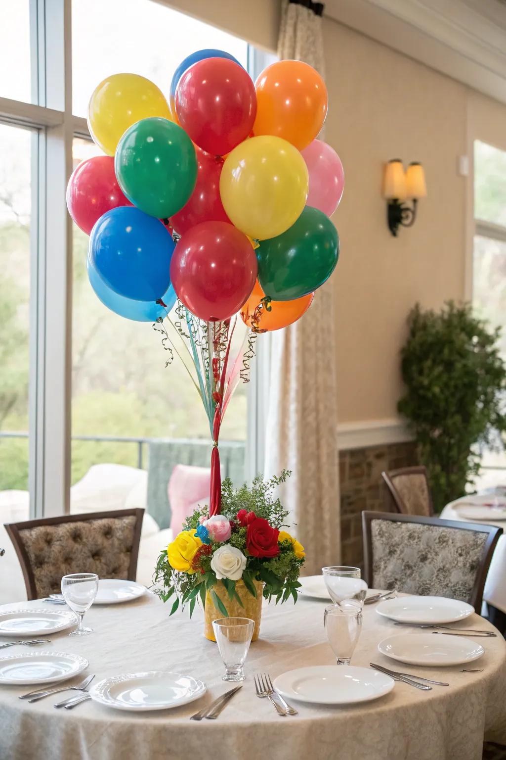 A vibrant balloon bouquet centerpiece introduces exuberance to a dining table.