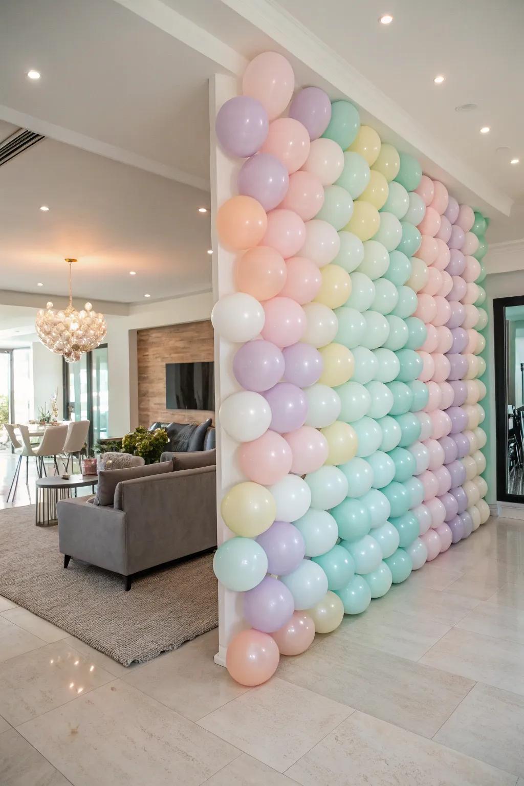 An exquisite pastel balloon wall that adds a touch of elegance to any chic home event