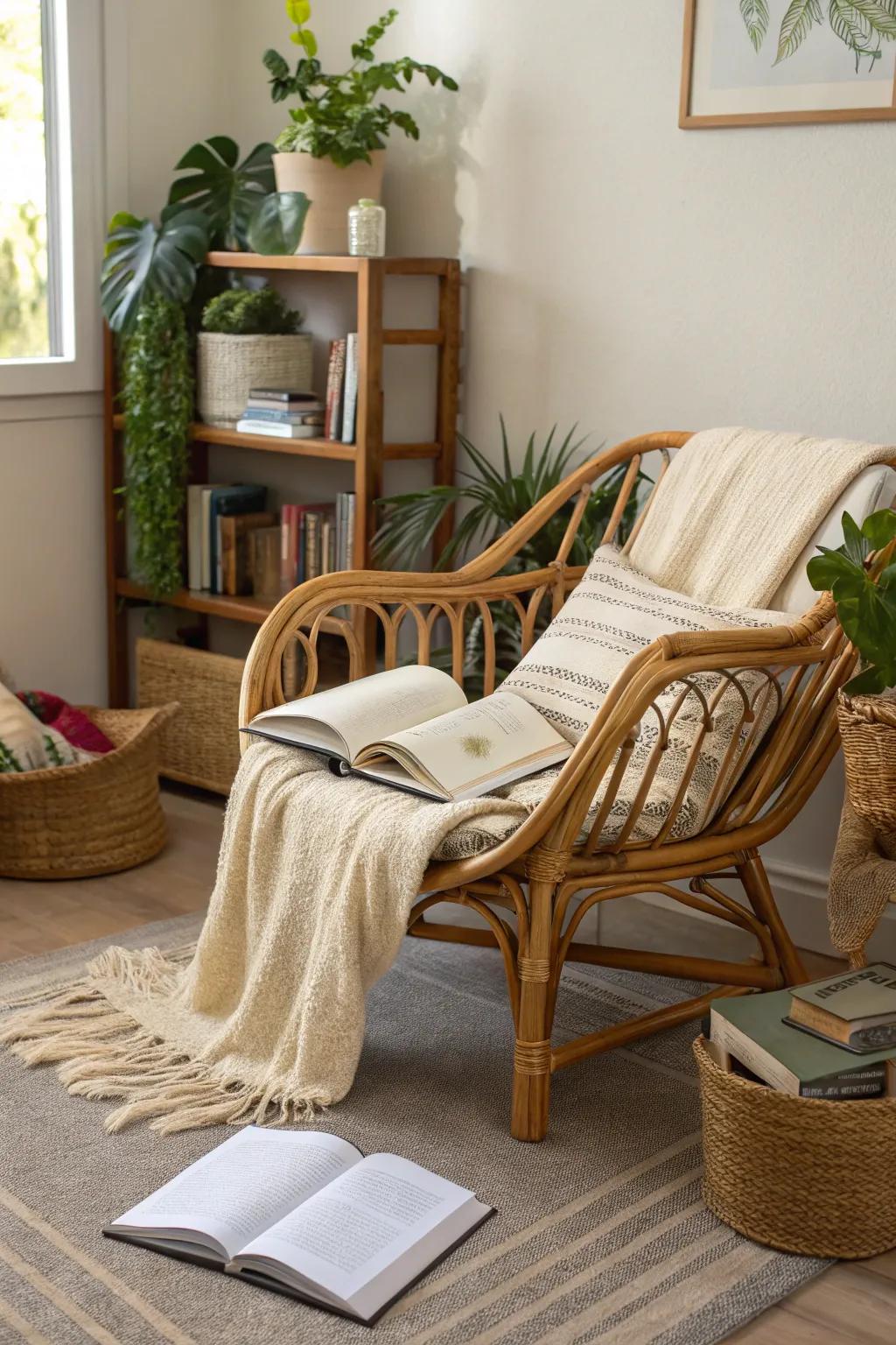 Bamboo accent chair in a reading nook
