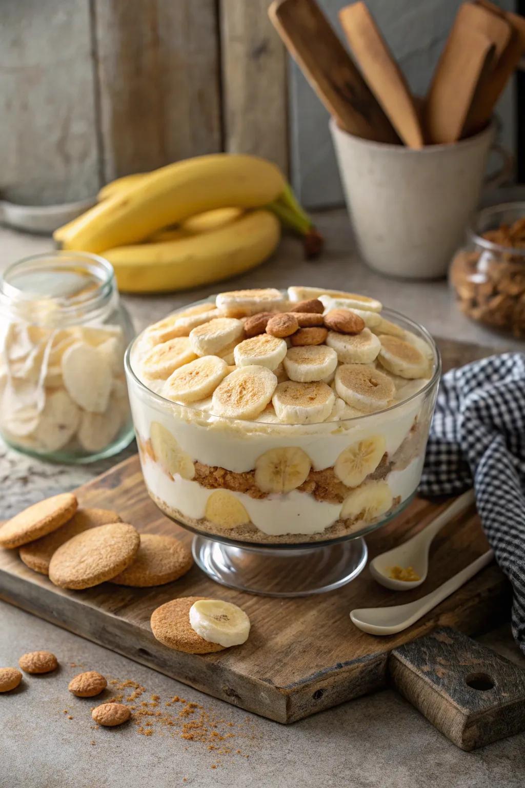 Layered banana pudding in a trifle bowl, turning a simple dessert into a centerpiece for any occasion.