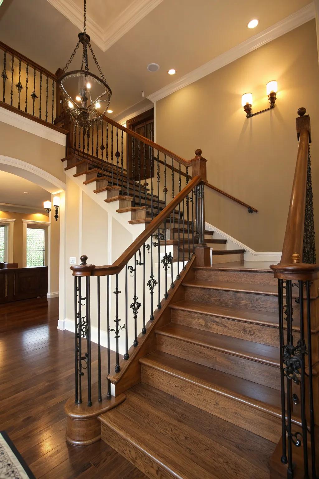 A fashionable fusion of timber and metal within a staircase railing.
