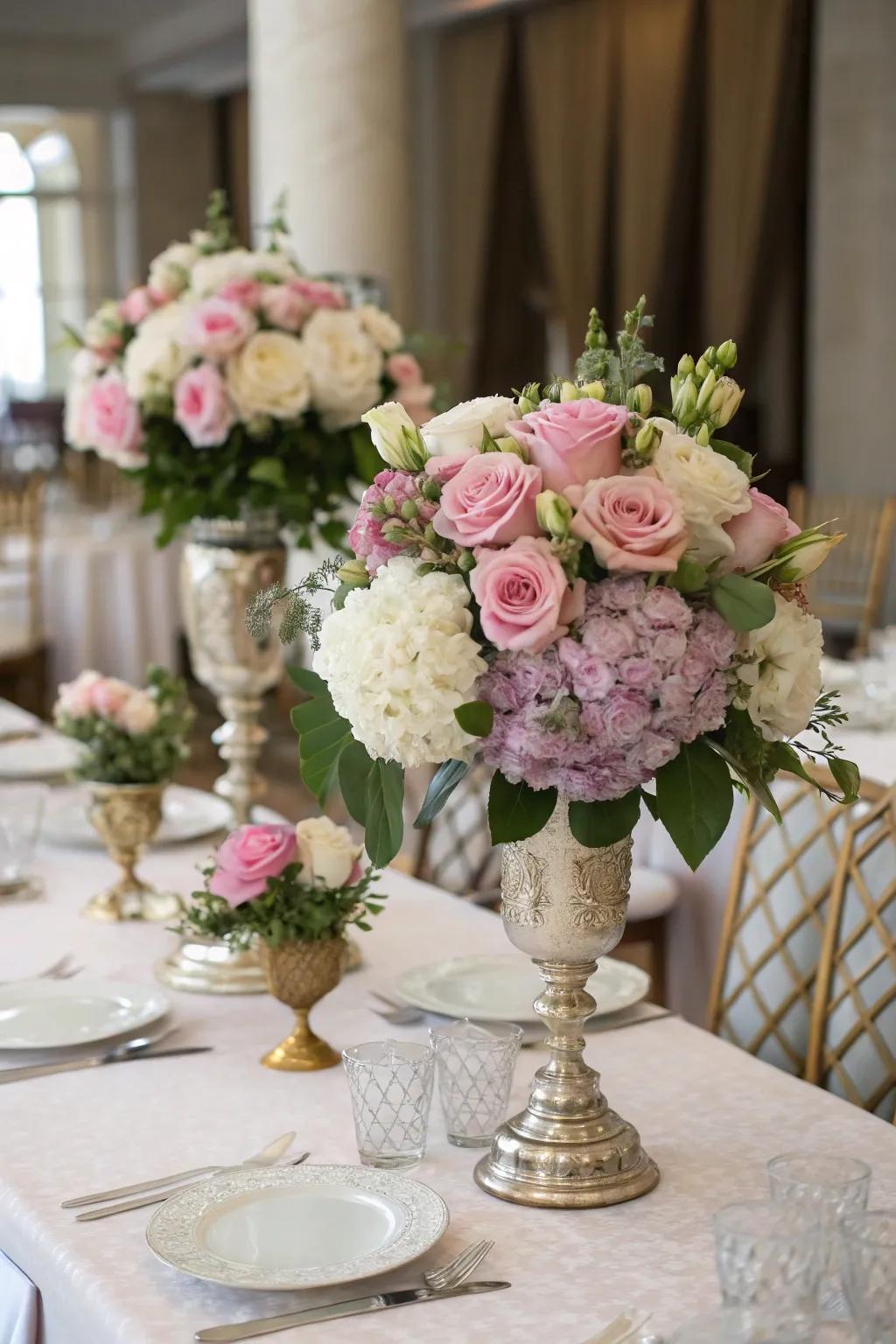 A classic floral centerpiece featuring roses and hydrangeas in full bloom.