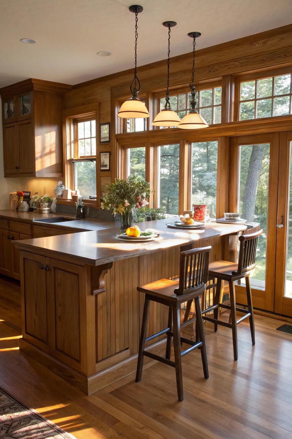 A kitchen island that doubles as a cozy breakfast nook.