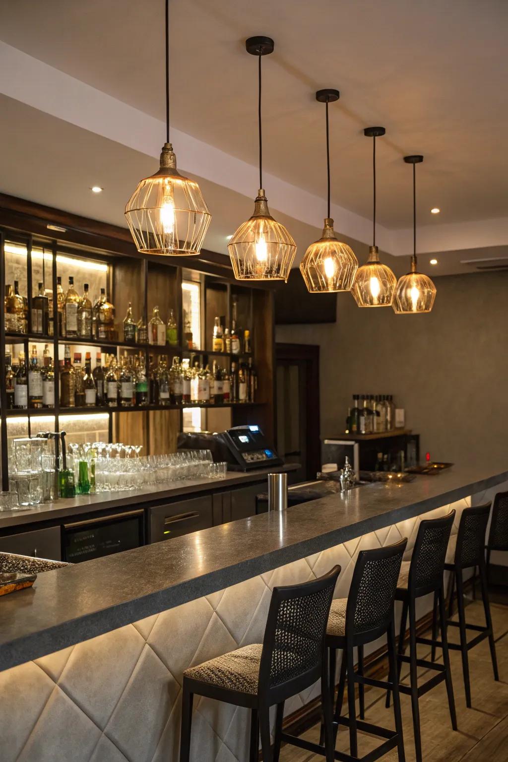 Overhead lamps above the bar for a cozy and stylish vibe.